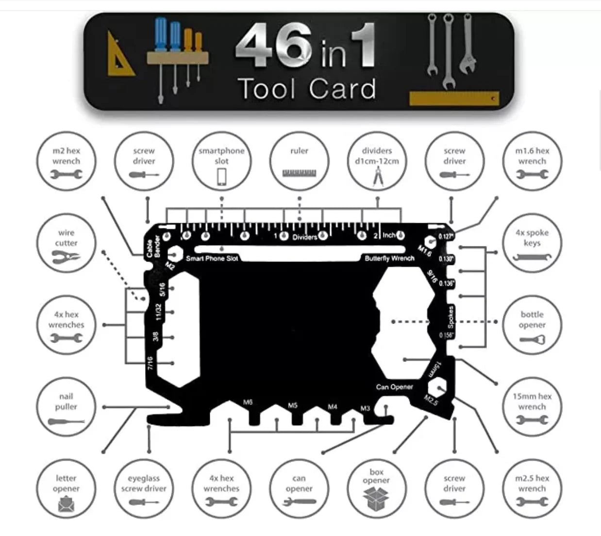 46 in 1 Tool Card Laser Engraved